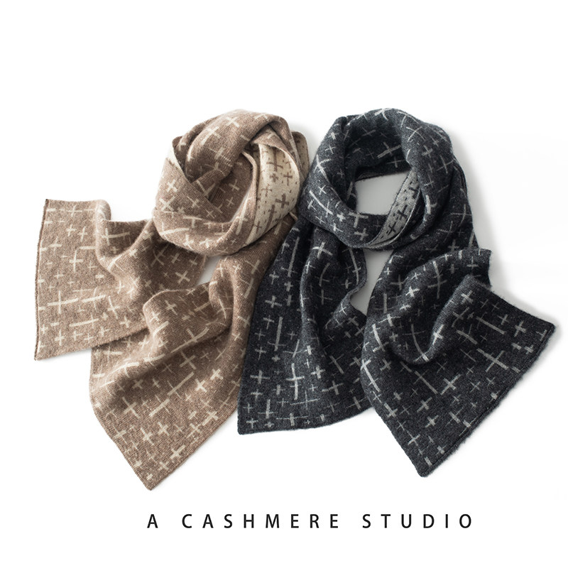 英伦十字提花纯山羊绒围巾男女短款秋冬百搭保暖针织围脖PS-21