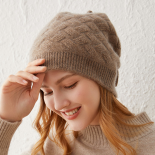 100%纯山羊绒针织抽绳帽子女秋冬保暖护耳帽子围脖套一体两用1807