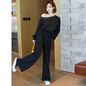 MIUCO黑色高级感露肩金属链条上衣+气质阔腿裤套装女新款