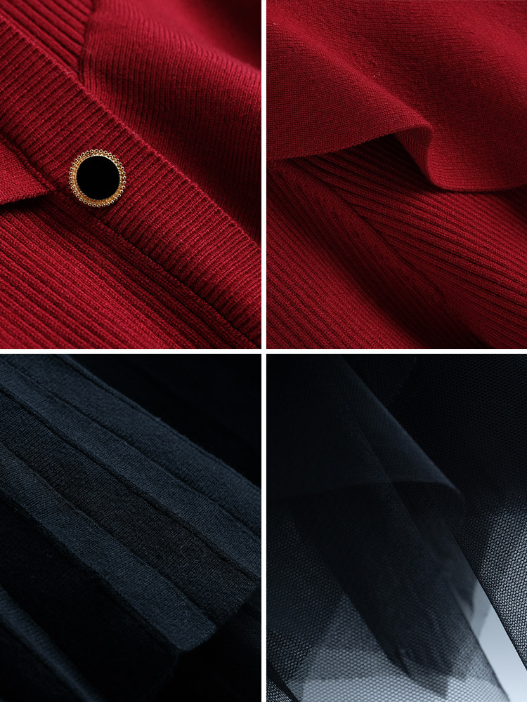 MIUCO 불규칙 러플 레이스 브이넥 싱글 브레스트 니트 가디건 + 메쉬 스커트 슈트