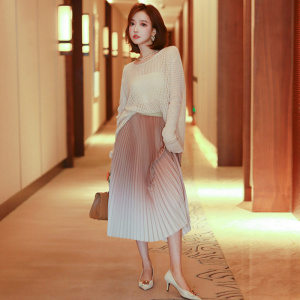 MIUCO朦胧透视镂空针织衫+渐变色百褶半身裙套装女装2023秋季