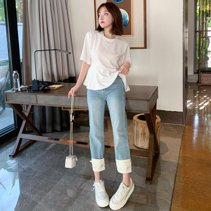 MIUCO舒适圆领简约荷叶摆T恤+裤脚翻边牛仔裤套装女2024