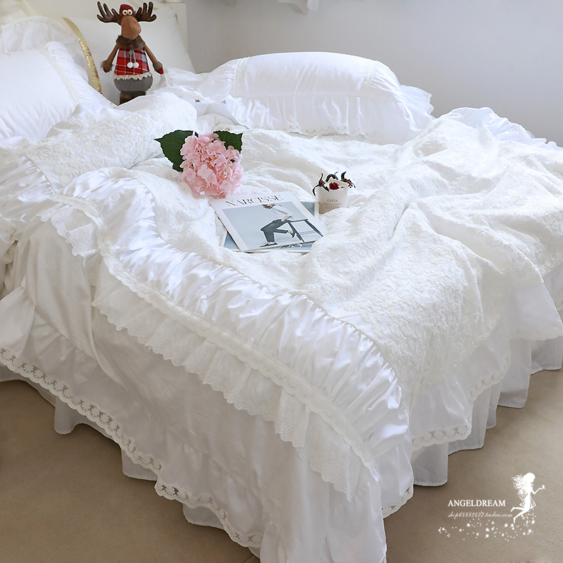 法式韩版公主纯棉贡缎绣花网纱纯棉床床裙款床上用品被套四件套