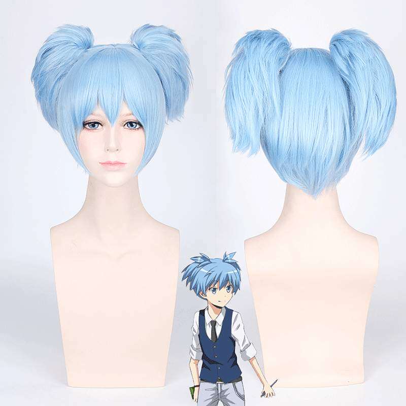 暗杀教室 潮田渚 浅冰蓝色短发双马尾虎口夹假毛cosplay假发 现货