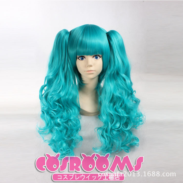 cosplay假发假毛v家龙啼miku初音 蓝绿色长卷发分体虎口夹 双马尾