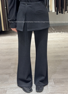 欧洲站2025冬款加绒加厚可推卸腰封围裙直筒微喇裤毛呢休闲裤女