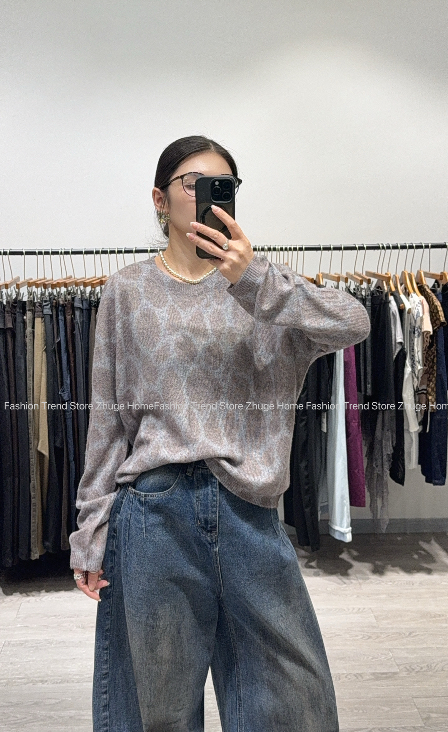 欧货2026秋冬款莱赛尔山羊绒撞色豹纹毛衣女宽松舒适套头针织衫