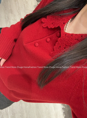 欧洲站2025冬季新款时尚翻领钩花镂空显瘦绵羊毛针织衫毛衣68130