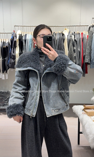 欧洲站2025冬季新款时尚百搭气质羊羔毛大毛领牛仔羽绒服外套女潮