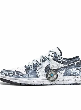 正品定制球鞋 Air Jordan 1 雪域深眸黑白手绘涂鸦做旧低帮篮球鞋