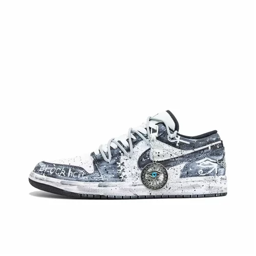 正品定制球鞋 Air Jordan 1 雪域深眸黑白手绘涂鸦做旧低帮篮球鞋