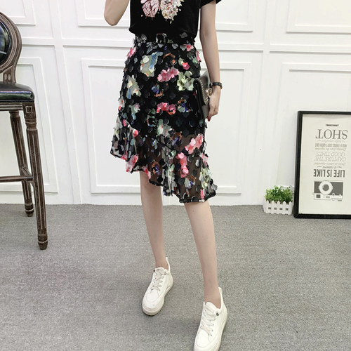 洋气花朵提花不规则雪纺半身裙