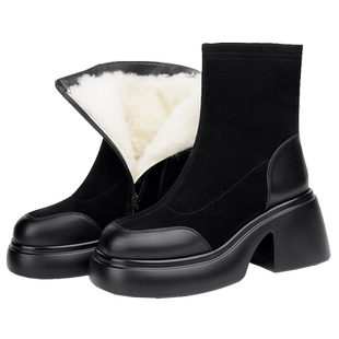 真皮棉鞋女鞋冬季加绒皮鞋高跟鞋绒面短靴女士增高羊毛女靴子棉靴