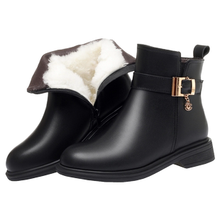 真皮妈妈棉鞋女冬加绒棉靴子中年女士短靴防滑羊毛皮鞋大码女鞋子