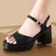 防水台一字女士不累脚女鞋 真皮粗跟厚底走秀高跟鞋 夏季 女款 子 凉鞋