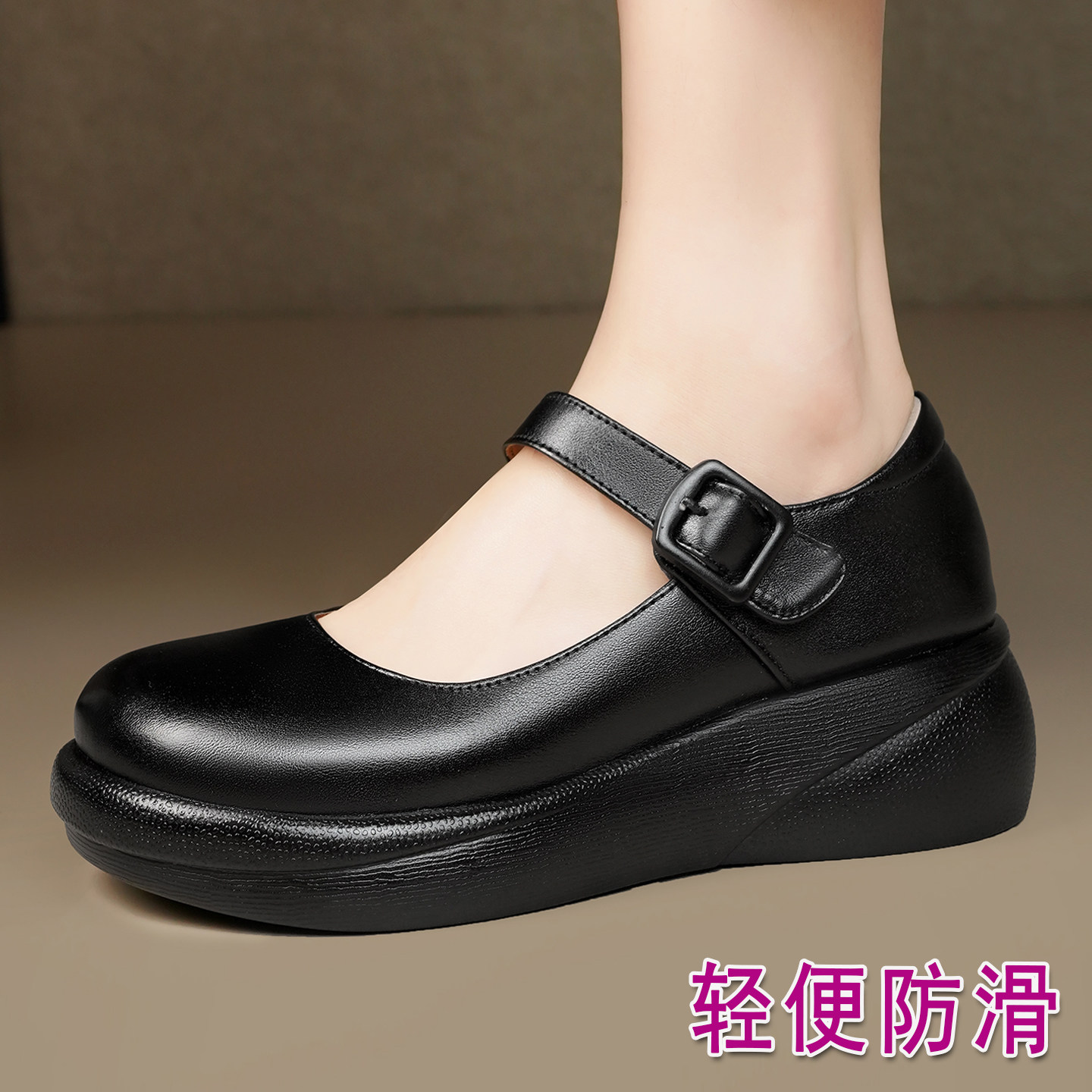 全牛皮坡跟走秀高跟鞋久走不累脚图片