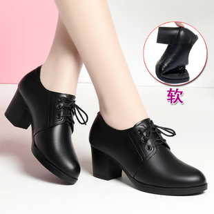 黑色女士皮鞋女款深口单鞋真皮软底工作鞋女鞋高跟鞋中年妈妈鞋子