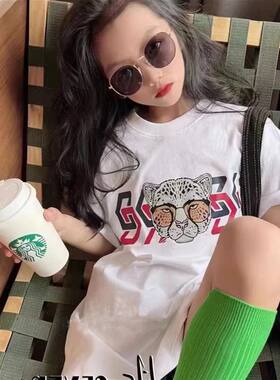 美式豹头女童纯棉短袖中长款T恤