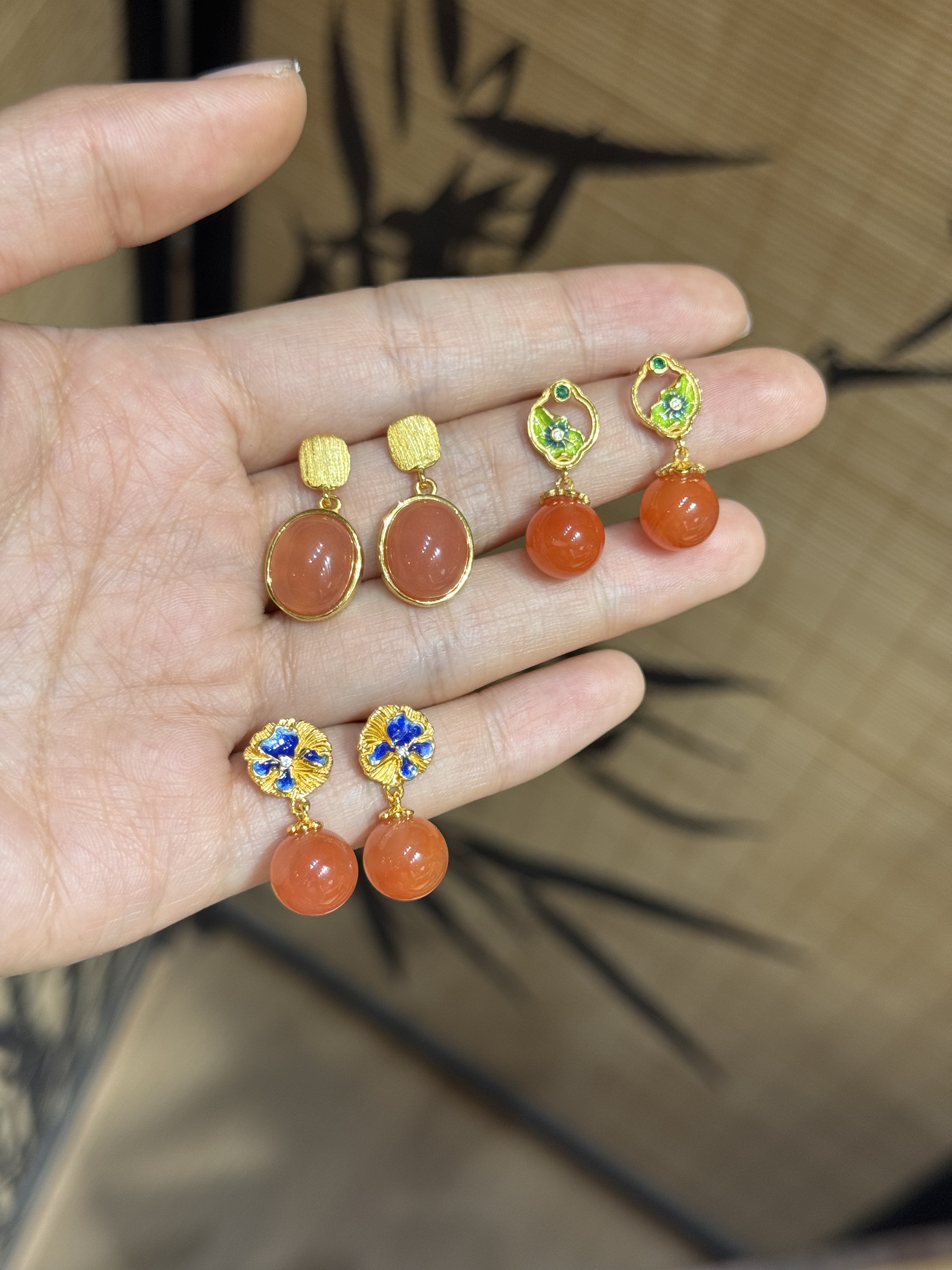 s925银镀金南红耳坠烧蓝时尚通勤女式耳环小众百搭玛瑙柿子红樱桃