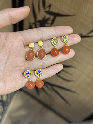 s925银镀金南红耳坠烧蓝时尚通勤女式耳环小众百搭玛瑙柿子红樱桃