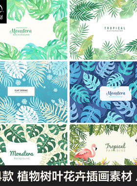 夏季热带雨林植物树叶花卉插画包装海报背景图案AI矢量设计素材