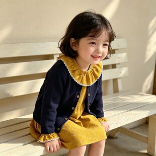 贝哆哈春秋女童连衣裙两件套针织开衫毛衣外套长袖碎花公主裙套装