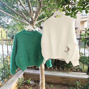 秋冬款 保暖女式 线衣 圆领套头衫 贝哆哈女士毛衣纯色蝴蝶亮片针织衫