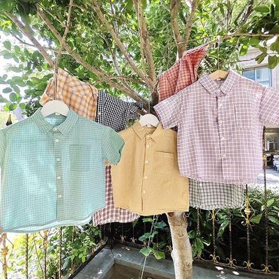 贝哆哈儿童夏季格子衬衫中小童短袖休闲翻领上衣男童女童汗衫衬衣