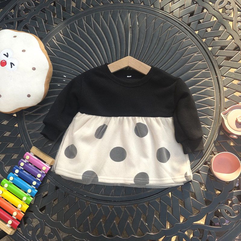 贝哆哈女童连衣裙春秋款加绒娃娃裙可爱圆点公主裙女宝长袖裙子