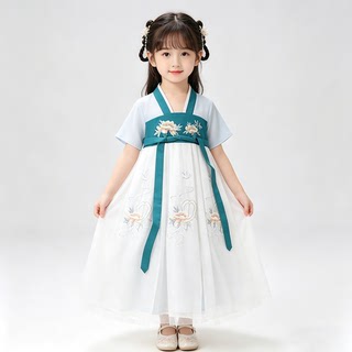 贝哆哈女童汉服夏薄款雪纺仙女裙刺绣古风襦裙儿童短袖网纱连衣裙