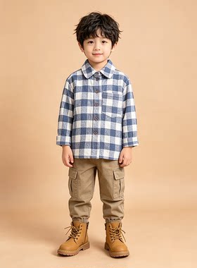 贝哆哈儿童衬衫春秋男童长袖格子衬衣宝宝外套磨毛格纹女童上衣