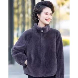 贝哆哈女冬皮毛一体貂绒外套短款妈妈装中老年小个子仿皮草大衣