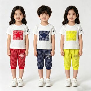 贝哆哈儿童夏套装圆领短袖中裤男童女童休闲上衣T恤两件套微脏