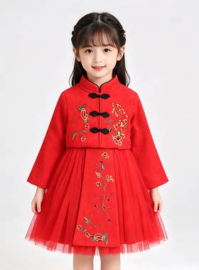 贝哆哈拜年服汉服儿童唐装中国风春秋女童古风加绒两件套连衣裙