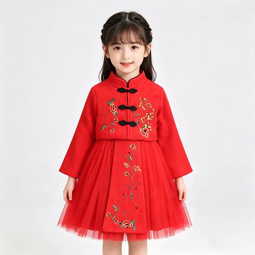 贝哆哈拜年服汉服儿童唐装中国风春秋女童古风加绒两件套连衣裙