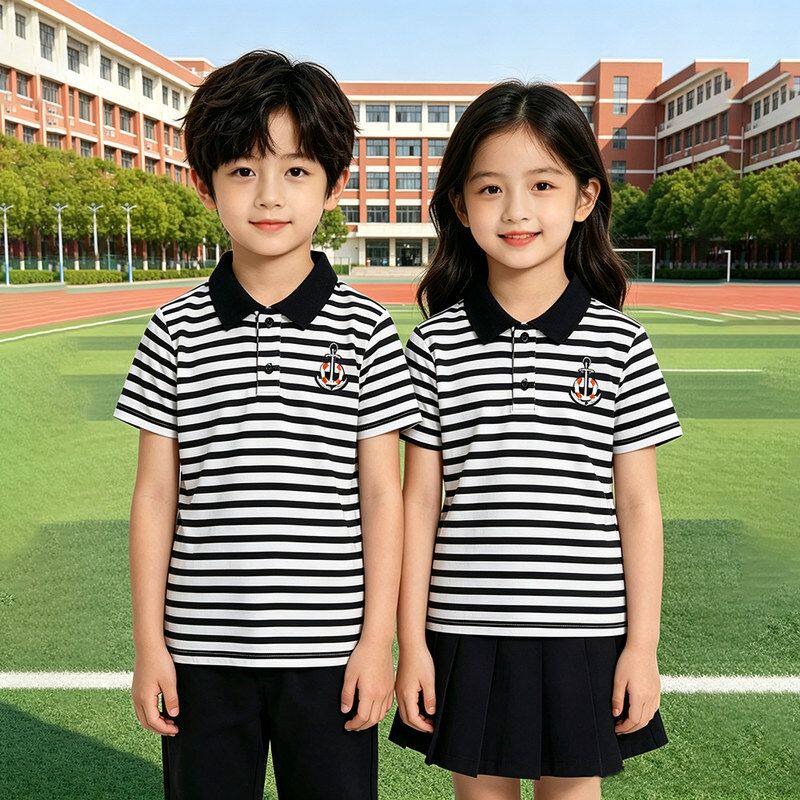 贝哆哈儿童夏季T恤短袖男童女童休闲上衣POLO衫翻领黑白条纹汗衫