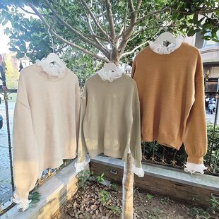 贝哆哈女士毛衣纯色花边领淑女洋气花边袖女装线衣春秋长袖针织衫