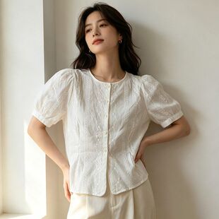 贝哆哈女装夏纯色简约女士提花短袖衬衫女式上衣短袖T恤开衫衬衣