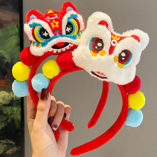 新年醒狮毛球发箍女款儿童过年喜庆拜年头箍发饰2026新款发卡头饰