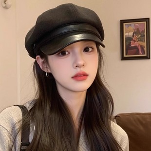 日本专柜GP女秋冬复古黑色贝雷帽英伦风画家帽子百搭大头围八角帽