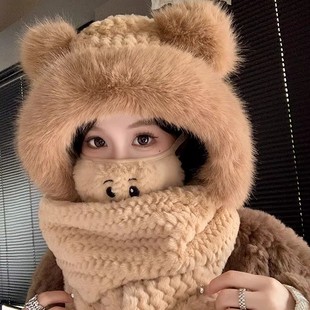 日本专柜GP女冬季围巾可爱针织防风帽子手套一体加厚保暖毛绒围脖