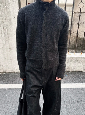 高货  羊毛混纺卷边高领毛衣男秋冬正肩合身版型纽扣针织开衫外套