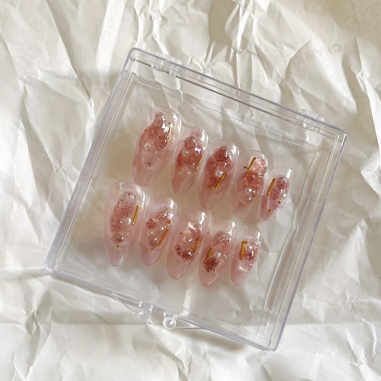 絮野粉水晶美甲成品贴片可穿戴甲穿戴甲/甲片