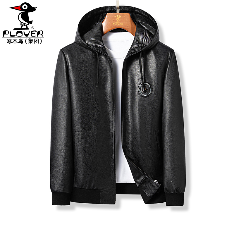 头层牛皮休闲黑色皮衣男夹克连帽
