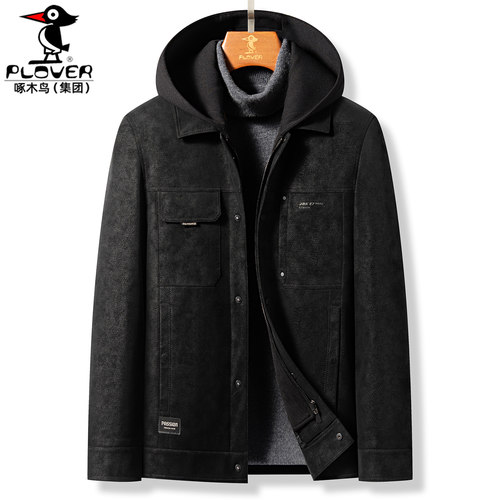 短款连帽皮衣冬时尚加绒皮夹克男