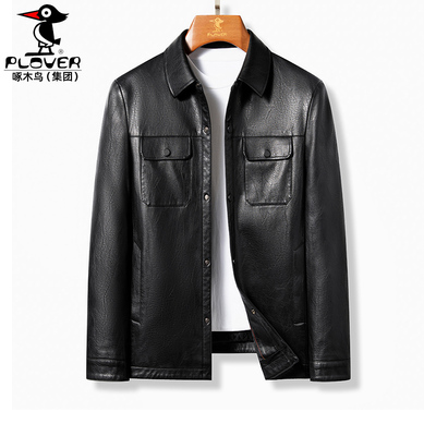 海宁真皮黑色休闲皮衣男夹克翻领