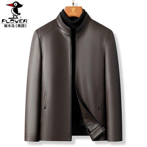海宁男士短款立领皮衣加绒皮夹克