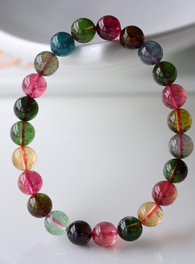 碧雅 巴西老料碧玺手链8mm女款碧玺手串带蓝碧一物一图19.17g单圈