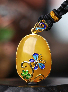 碧雅 蜜蜡吊坠银镶嵌镀金烤蓝水滴状琥珀挂件项坠送链附证书7.58g