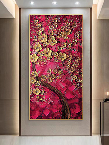 现代简约手绘油画发财树装饰画入户玄关走廊挂画轻奢客厅竖版壁画